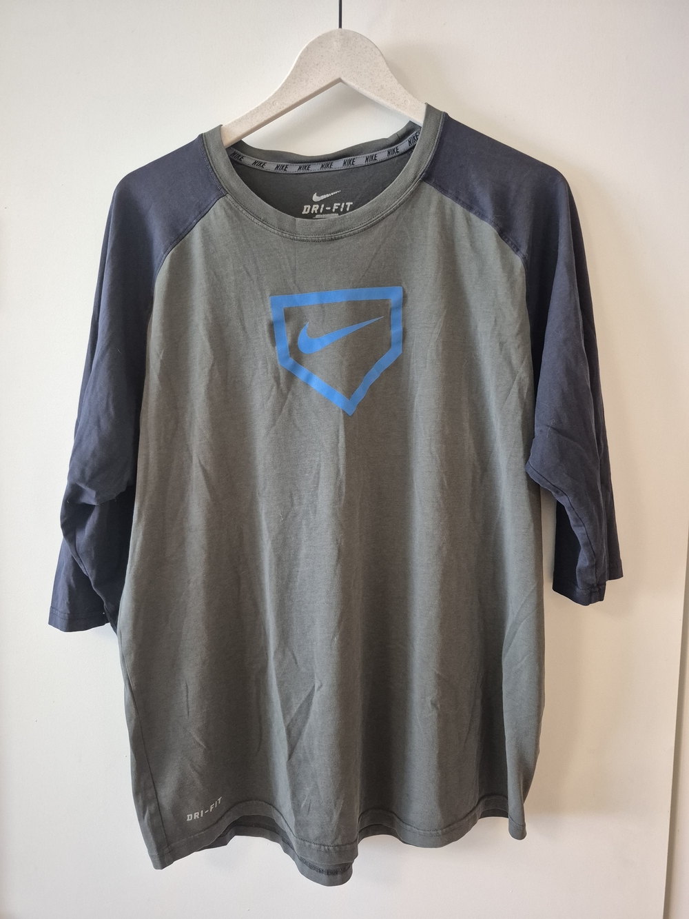 Nike Olive Green & Navy Raglan Short Sleeve Dri-FIT Tee with Blue Logo